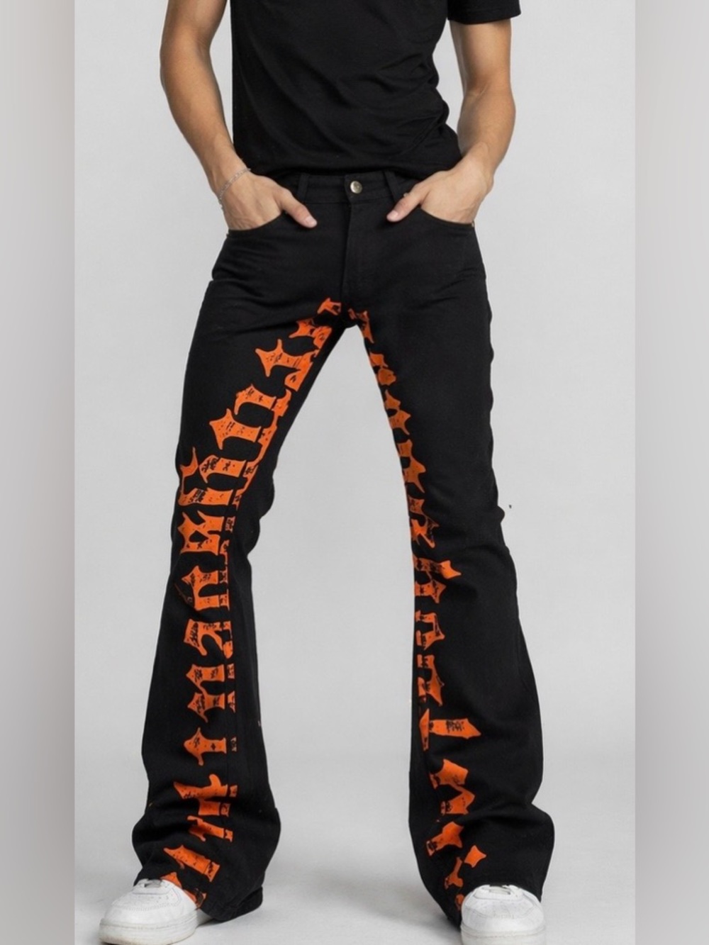 Golden Los Angeles Black Jeans Orange Gothic Print men’s Size 28 Slim Flare